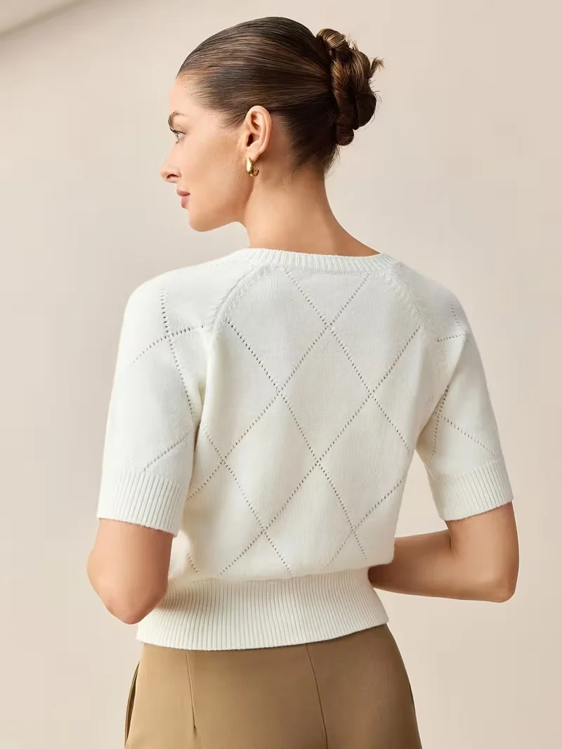 Ladies Solid Color Round Neck Short Sleeve Knitted Top with Single Button Elegant Outerwear for Spring Summer Autumn
