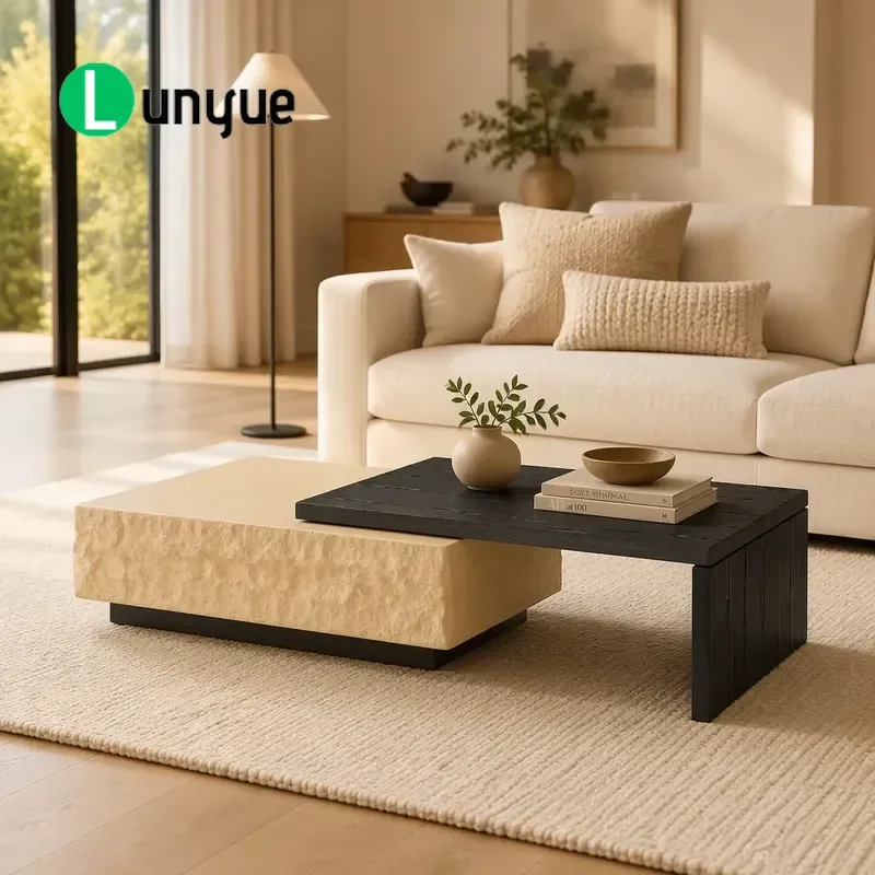 Modern Rectangular Coffee Table Textured Stone Base Black Wood Top Living Room Furniture Durable Stylish Centerpiece