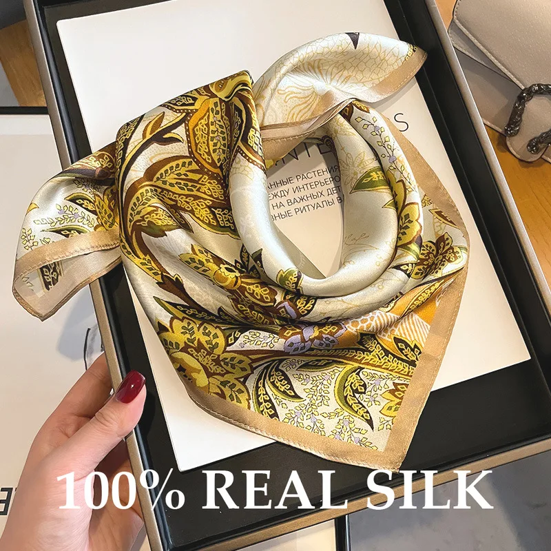 

New 100% Pure Silk Scarf Women Neck Hair Band Foulard 53cm Square Small Headband 2026 Fashion Print Neckerchief Scarves Bandana