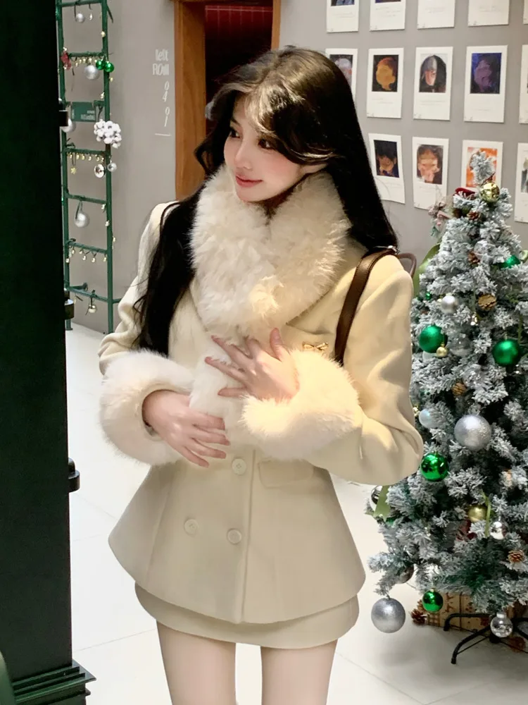 High Quality Thickened Designer Winter Two Piece Set For Women Long Sleeve Jacket Coat + Short Skirt Suits Faux Fur 2pcs Outfits