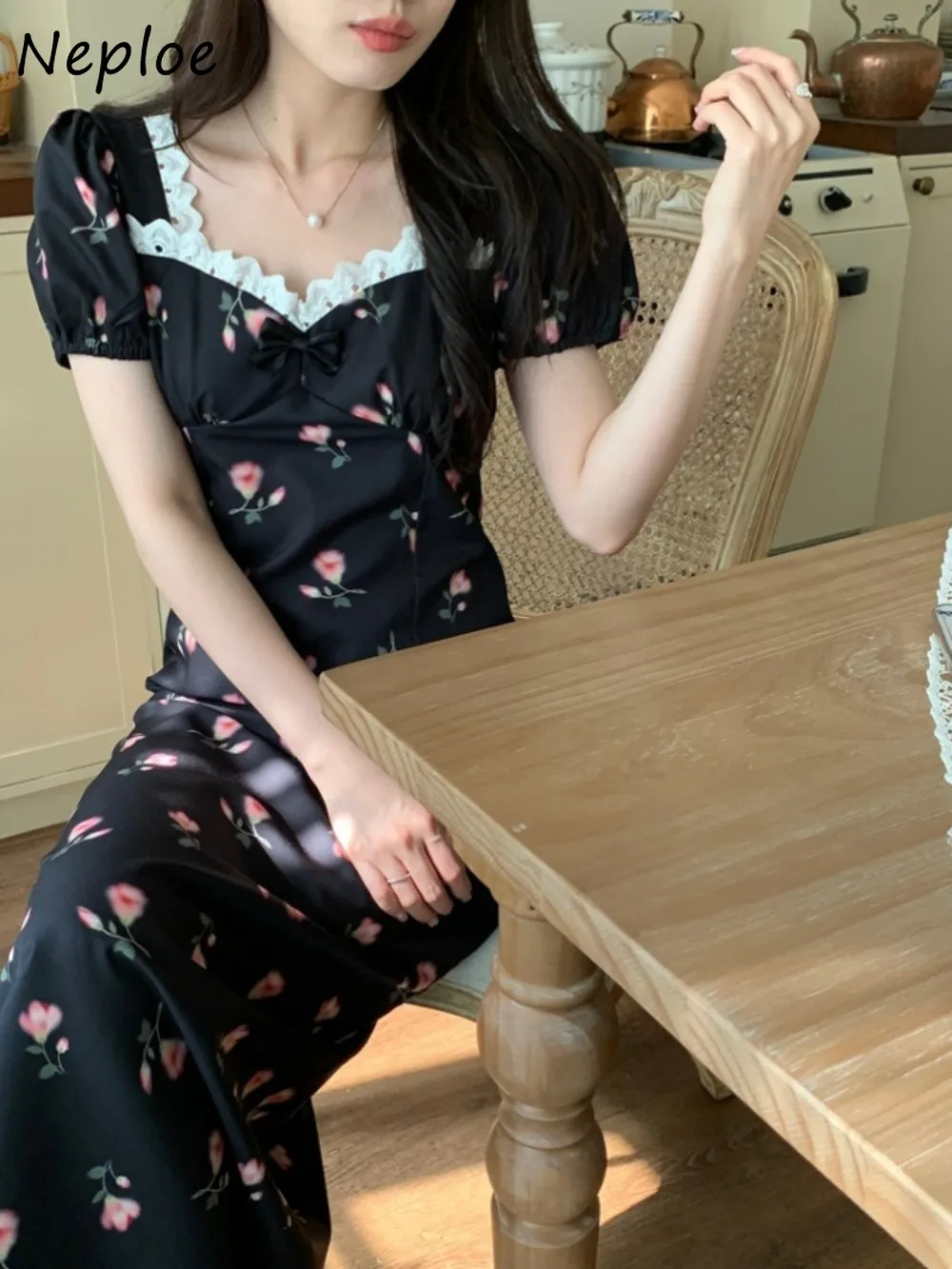 

Neploe Square Collar Pullover Print Chiffon Robe French Style Vintage Sweet Lace Panelled Mujer Waist Puff Sleeve Fresh Dresses