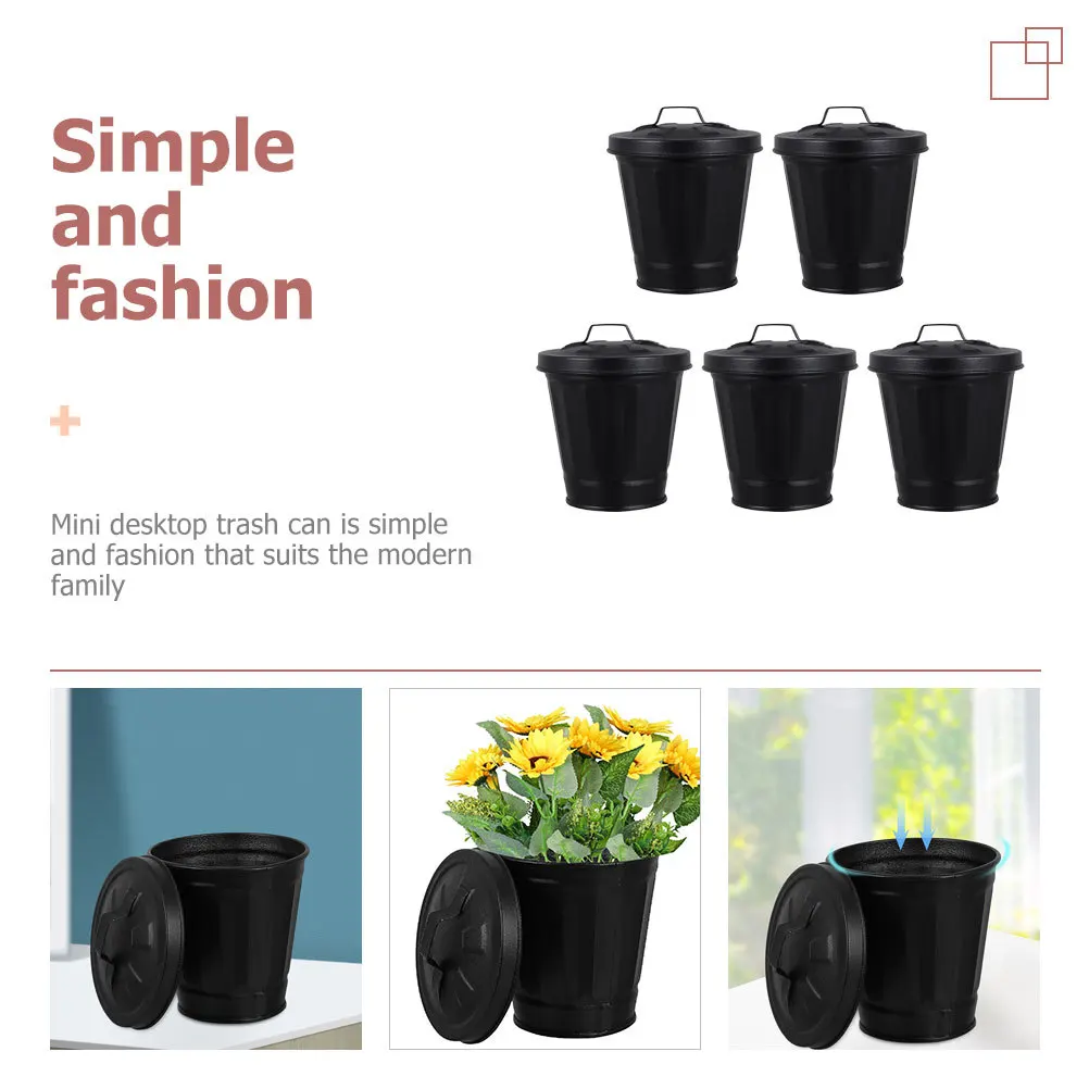 

5pcs Mini Trash Can Iron Desktop Garbage Bin Small Decorative Dustbin For Table Countertop Dorm Office Organizer
