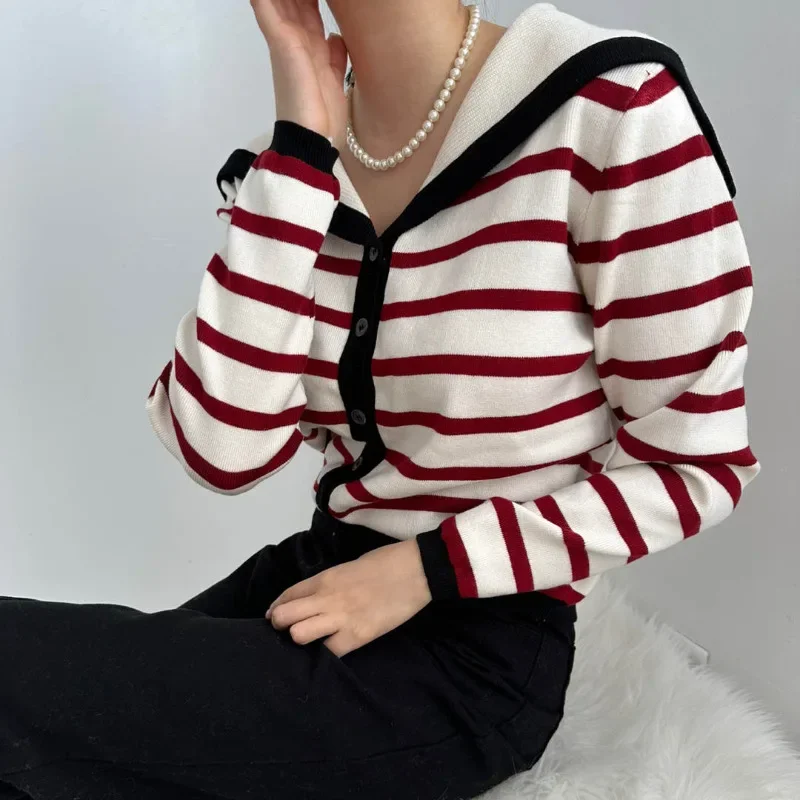 Neploe Fashion Sailor Collar Striped Knitted Cardigan 2024 Autumn Winter New Tops Women Y2k Slim Fit Swetry z długim rękawem