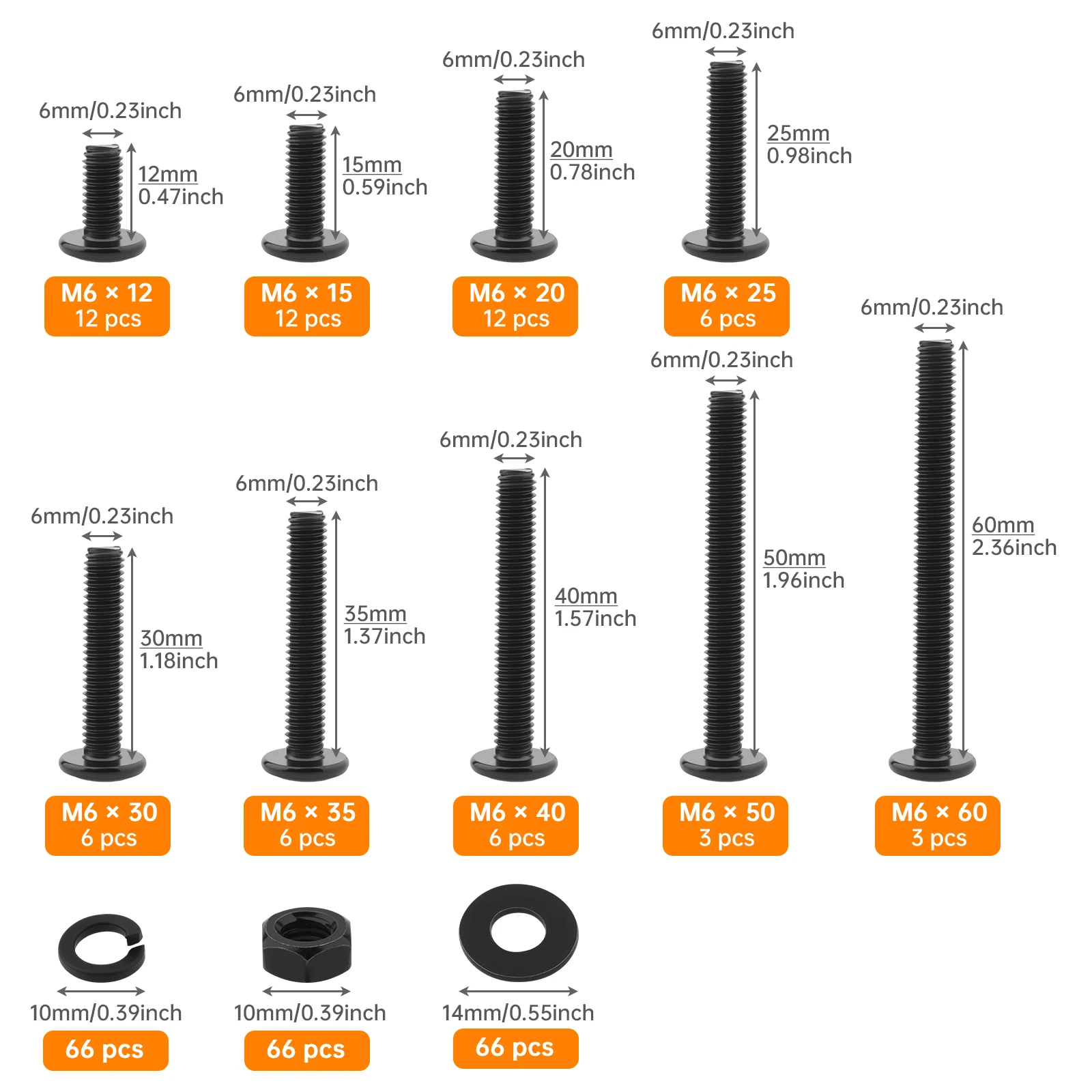 264 pcs 304 Stainless Steel M6 x12 /15/ 20/ 25/30/35/ 40/ 50/60 mm Flat Head Hex Socket Cap Screws Countersunk Bolts Screws Nuts