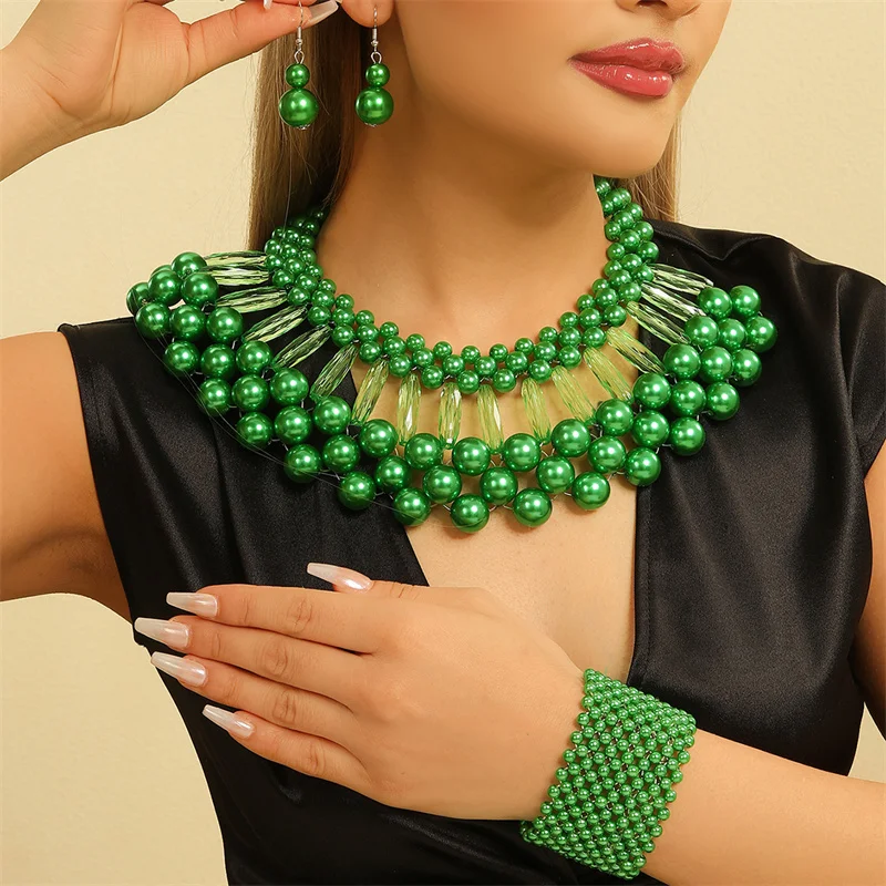 

3 шт./компл., многослойный комплект ювелирных изделий с искусственным жемчугом, вечерние красочные ожерелья, серьги, браслет, комплект для женщин, африканские ювелирные изделия, подарки