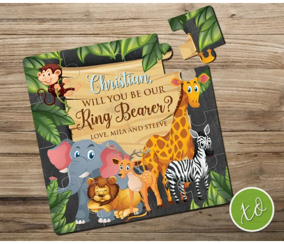 

16*16CM Custom Zoo Jigsaw Puzzles,Will You Be Our Ring Bearer Personalized Animals,Ring Bearer Gift, 3*5PCs Puzzles