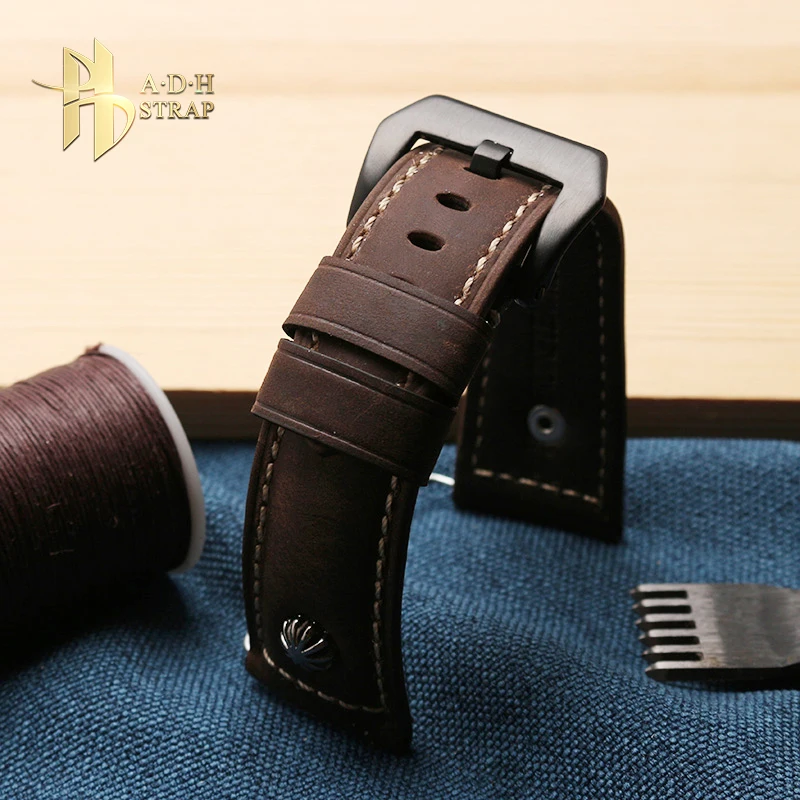 Vintage Frosted Cowhide Strap Make Old Rivets Fit to Panerai Radiomir PAM111 441 Luminox Men\'s Watch Band Rugged 20 22 24 26mm