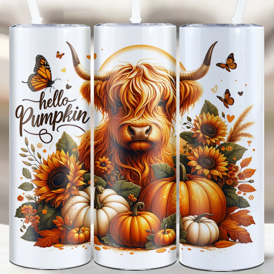 20oz Water Bottle Straw Lid 1Pc Stainless Insulated Cups Straight Mugs 3D Print Fall Highland Cow Party Tumblers Birthday Gifts