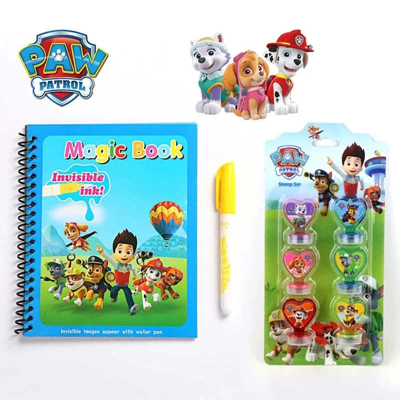 2 Pieces Paw Patrol Anime Toys Chase Ryder 3d Graffiti Water Painting Drawing Magic Book and Stamp Cartoon Kids Christmas Gift