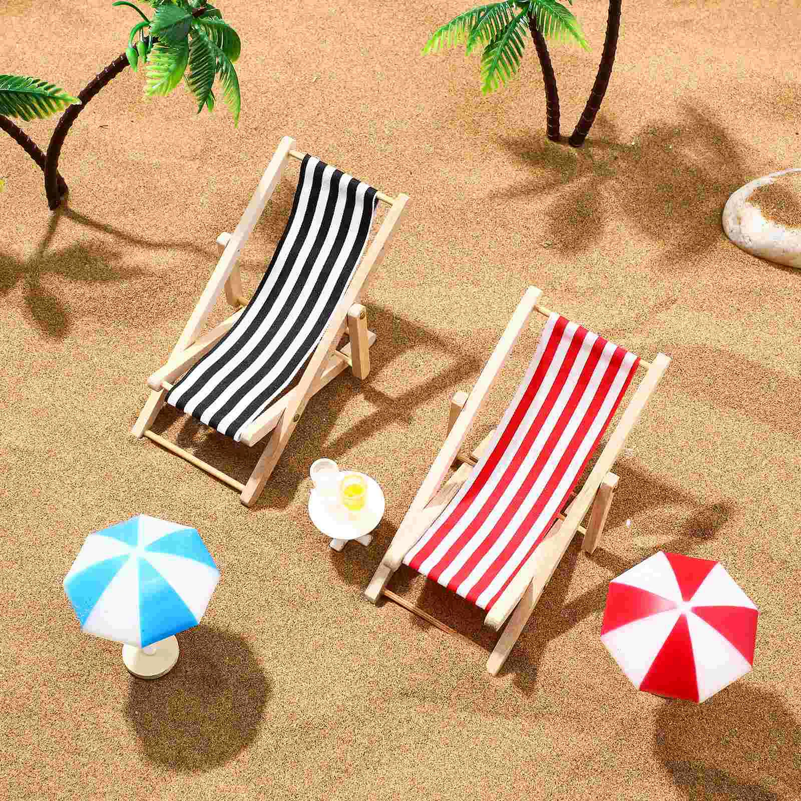 House Mini Beach Set Miniature Deckchairs Parasols Palm Trees Drinks Round Tea Table Micro Landscape Decor for Fairy Garden