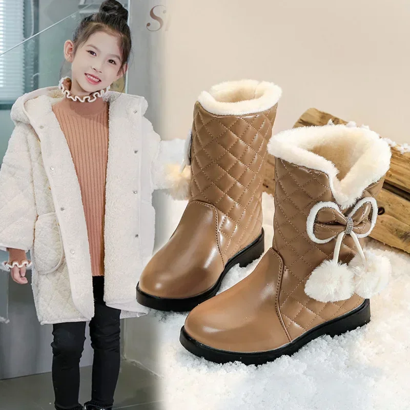 Girls Warm Boots with Bow Kids Snow Boots with Fur Plush 2024 Winter New Fashion Children Princess Boots Waterproof Platform