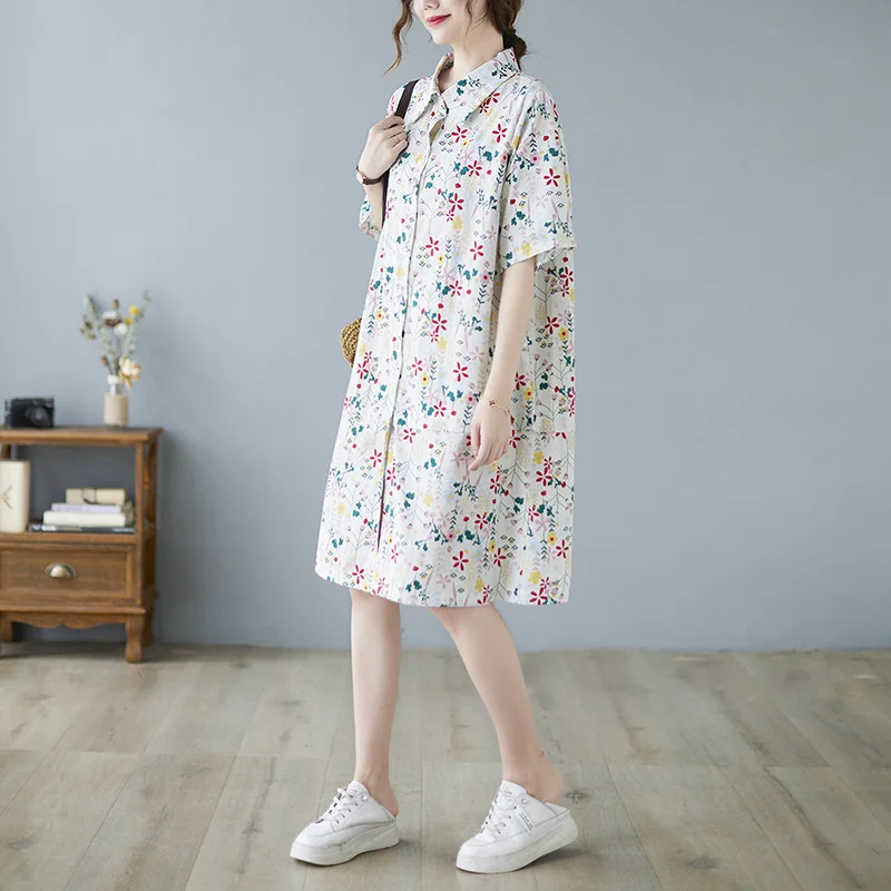 Robe vintage en coton pour femmes, col polo, imprimé floral complet, DMurcia, rétro, adt, manches courtes, longueur genou, #3209