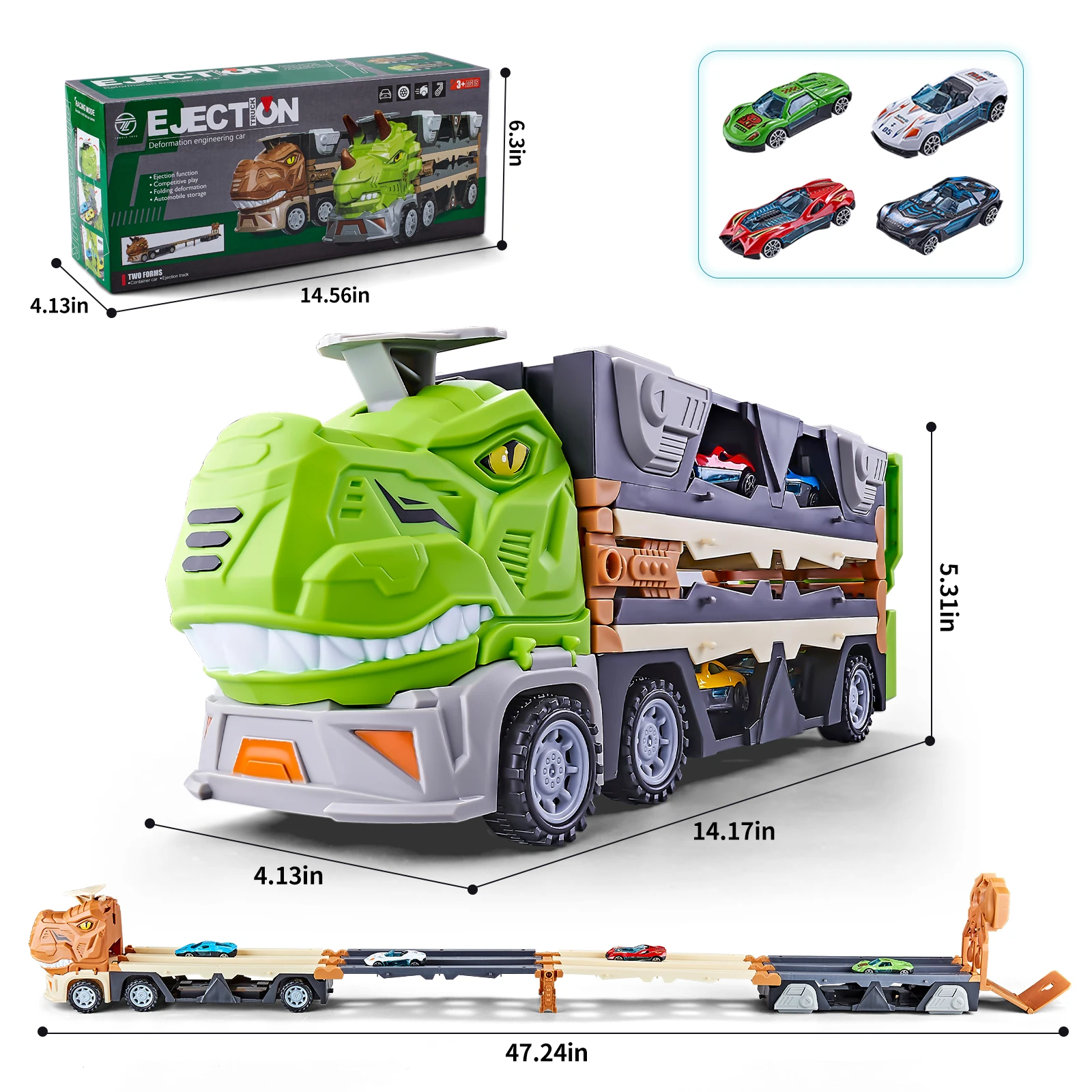 Tyrannosaurus Rex Deformable Rail Car Ejection Folding Big Truck Toys for Kids Container Storage Transporter Playset Gift