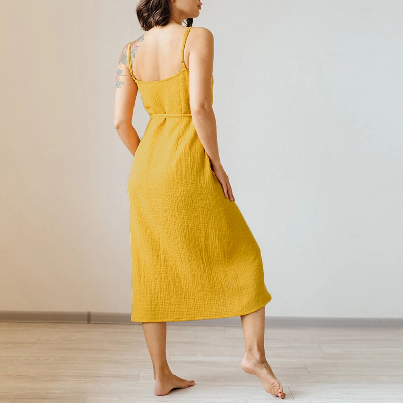 Vestido largo de gasa de crepé para mujer, prenda Vintage de algodón 100%, sin mangas, con cuello en V, elegante