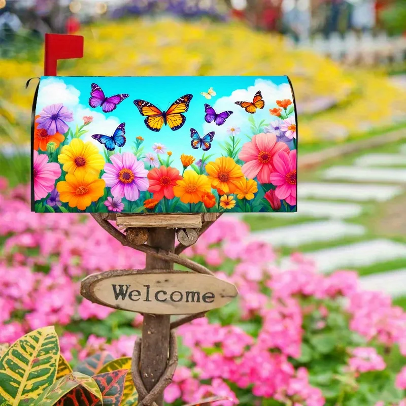 1pc Blue sky, white clouds, butterfly and flower mailbox cover, suitable for outdoor mailbox decoration for spring,summer,yards