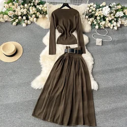 Chic Women Two-Piece Sets Vintage O-neck Long Sleeve Knit Top High Waist Slim Sashes Skirt Korean Streetwear Fashion Clothing