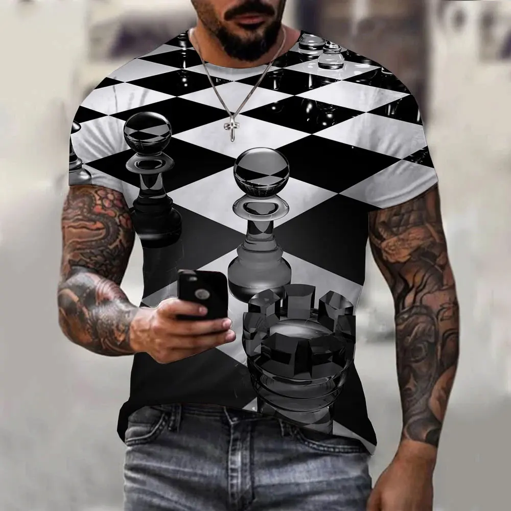 New Men\'s Fun Chess 3D Printing T-Shirts Black And White Chess Board Summer Harajuku O-Neck Top Personalized Fashion Casual Tees