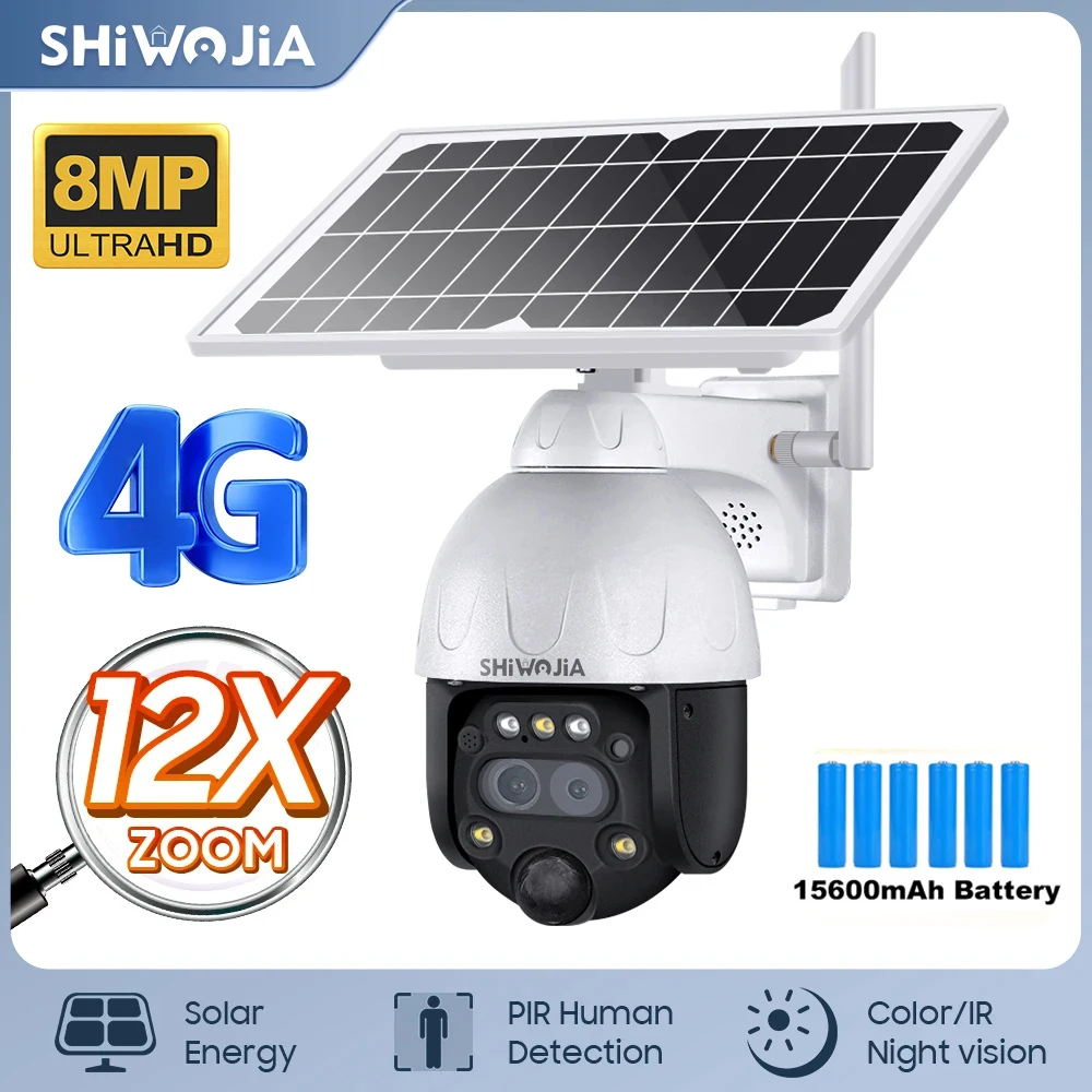 

SHIWOJIA 4K 8MP 4G SIM Solar Camera 12X Zoom Outdoor WIFI Security Outdoor Camera Humanoid Tracking Color Night Vision Cameras