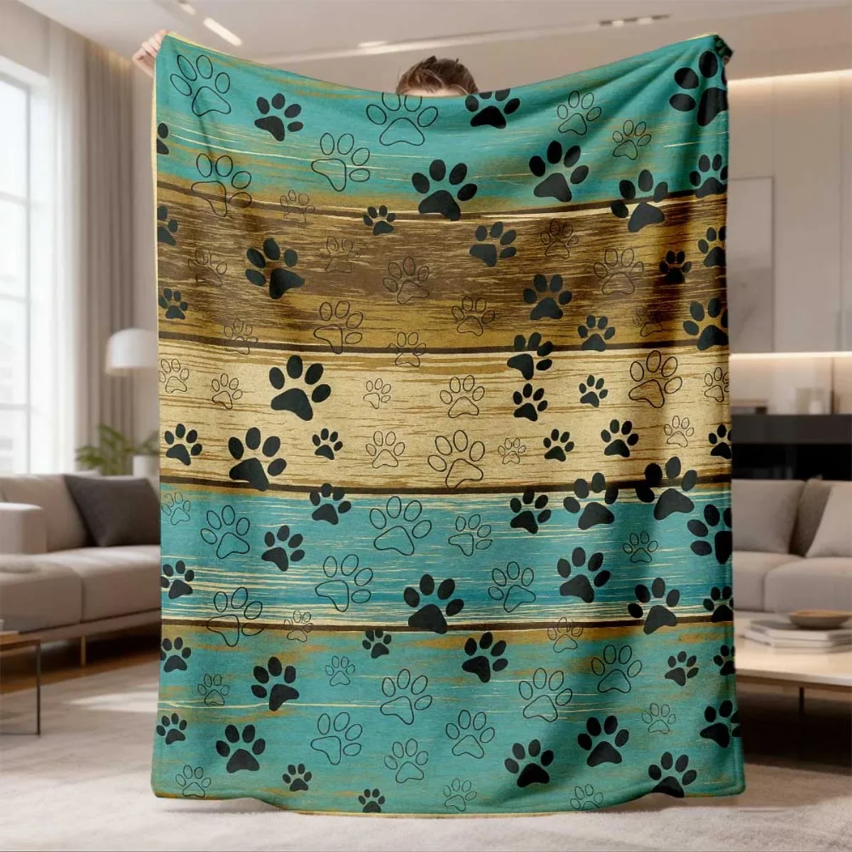 Vintage Wood Stripe Color Paw Throw Blanket for Bedroom Daily Relax Birthday Anniversary Casual Home Blessing Token