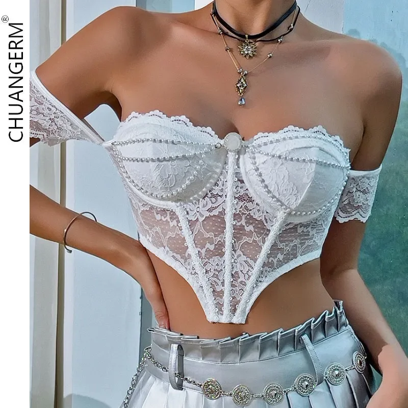 

CHUANGERM Sexy Lace Corset Vest for Women Summer Pearl chain decoration Fishbone Camisole Sheer Crop Top Off 2024 Trendy Fashion