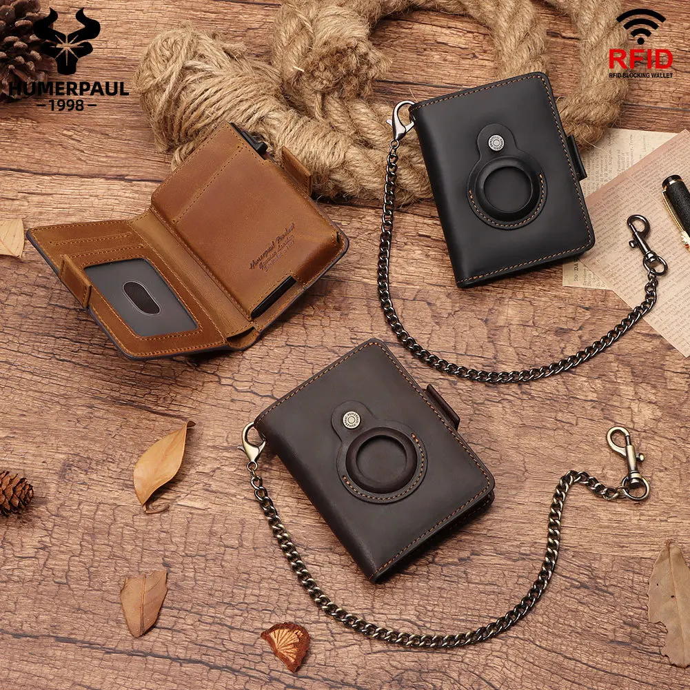 AirTag tracker, top layer cowhide wallet, RFID card box, metal gift, credit card waist-hung chain, small wallet