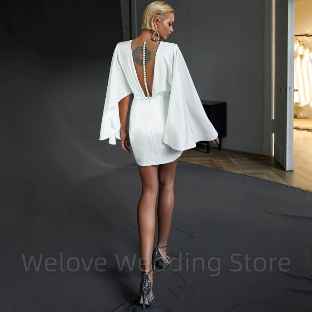 Welove Simple Mini Wedding Dress Bride V-Neck Sheath Long Batwing Sleeves Sexy Illusion Back with Buttons Bridal Above Knee Gown