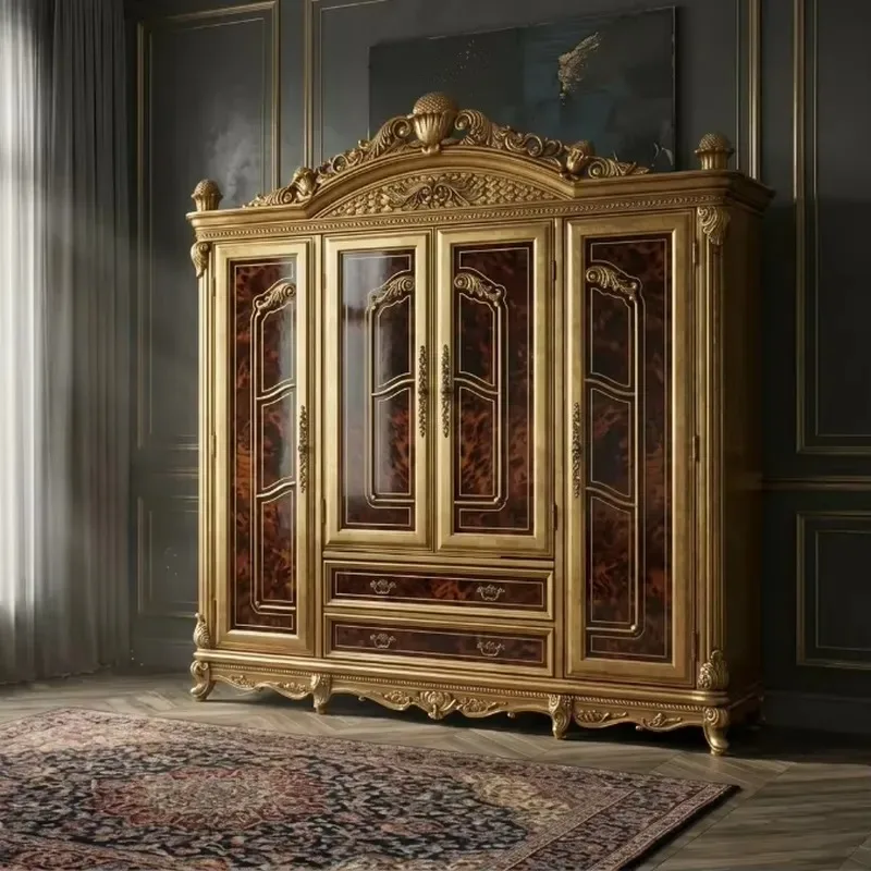 Solid Wood Four Door Wardrobe Luxury Hotel Master Suite Neoclassical Carved Design Custom OEM Furniture Storage Cabinet