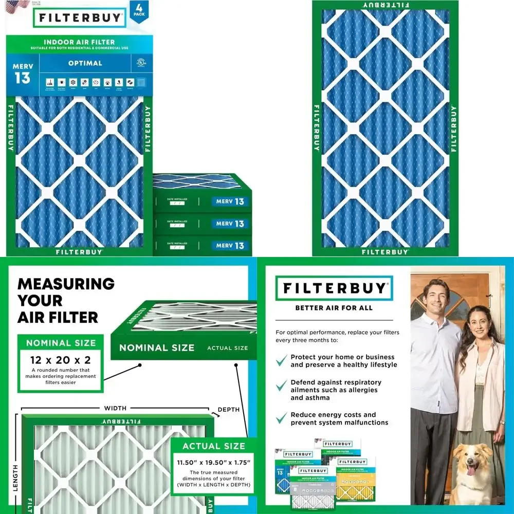 

4-Pack MERV 13 Air Filters, Optimal for Smoke & Allergy Reduction, HVAC AC Furnace Replacement Filters (Actual Size: 11.5 x 19.5