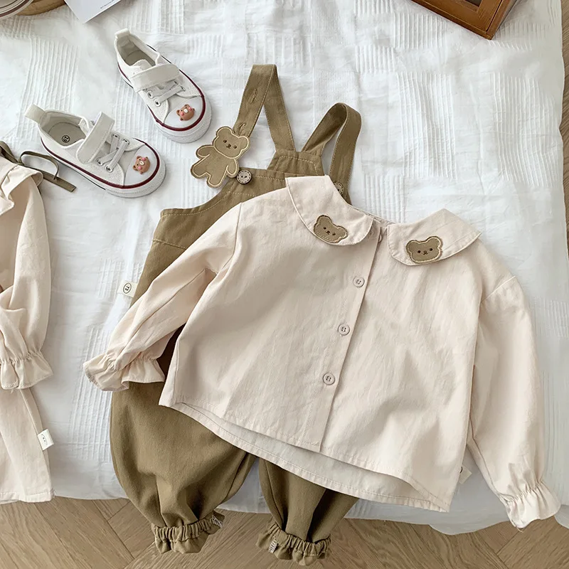 Children Girl Bear Clothes 0-6Years Toddler Kid Long Sleeve Peter Pan Collar Shirt Bow A-line Dress Suspender Pant Overall Set