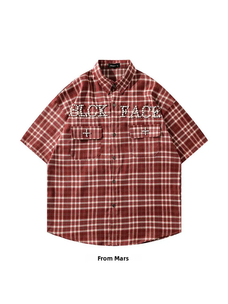 

Loose Fit Summer ort Sve irt Retro Japanese Sle Casual Plaid Collared irt Versatile for Teenage Boys from