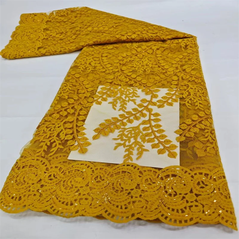 High Quality Gold African Mesh Lace Fabric Yellow French Net Sequins Lace Sewing Embroidered Lace Tulle Nigerian Lace Fabric