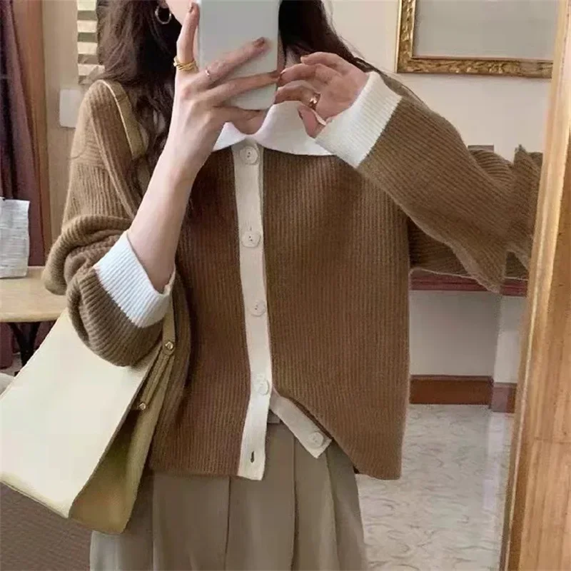 

Women's Autumn and Winter Vintage Lapel Thickening Spell Color Knit Cardigan Long Sleeves Lazy Loose Polo-neck Sweater Top Y2k