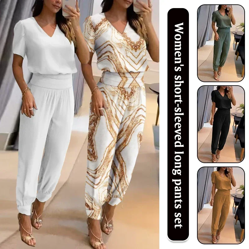 Green Summer Comfort Pants V-neck Short Sleeve Tshirt Two Piece Set Women Casual Elastic Waist Harlan Pants Fashion Suit Women