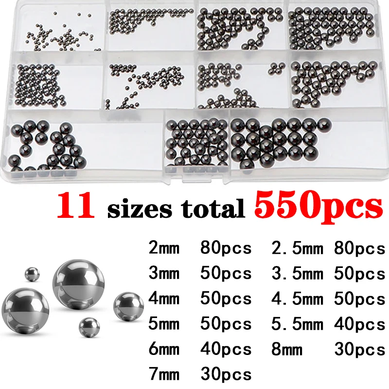 

550 шт. стальные шарики, твердый железный шар, диаметр 2 мм, 2,5 мм, 3 мм, 3,5 мм, 4 мм, 4,5 мм, 5 мм, 5,5 мм, 6 мм, 7 мм, 8 мм