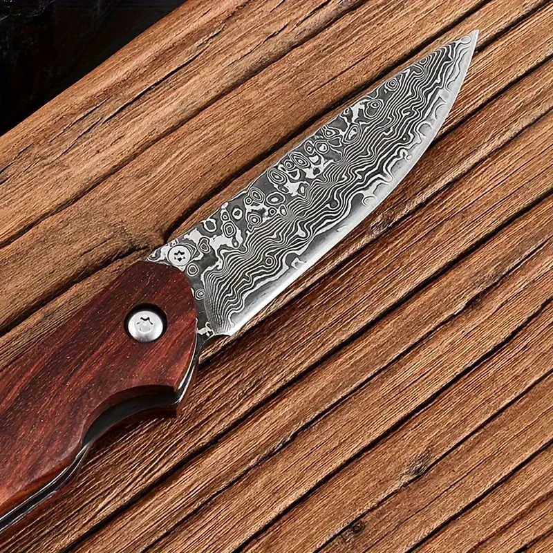 High Quality Damascus Steel Flipper Assisted Folding Pocket Knife Wood Handle Outdoor Camping Hunting Knives Tactical EDC Tool