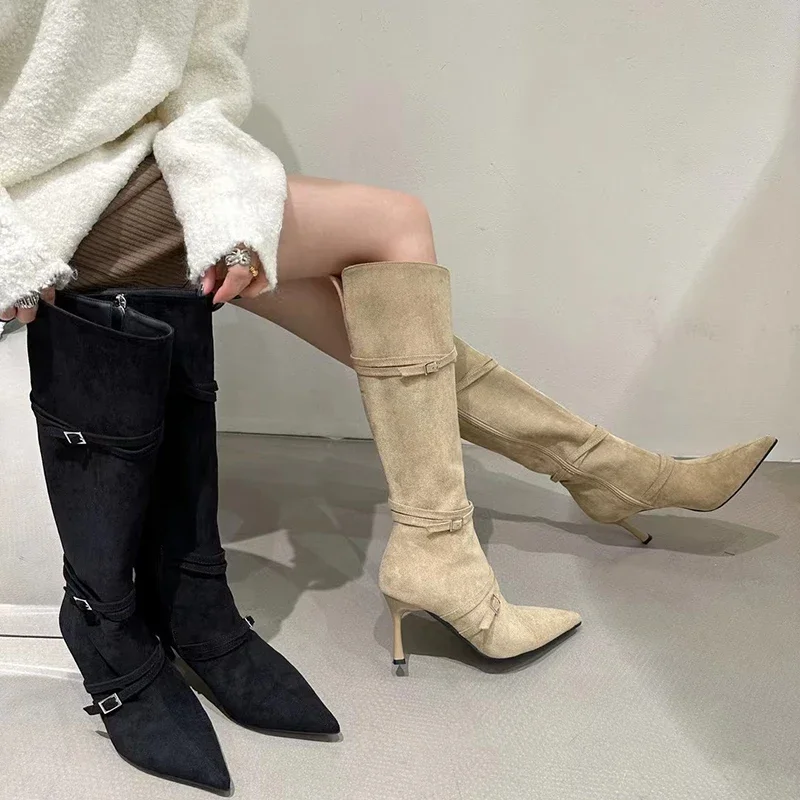 

Vintage Women Pointed Toe Western Knee-High Boots Warm Short Plush Long Booties High Heels Stripper Shoes