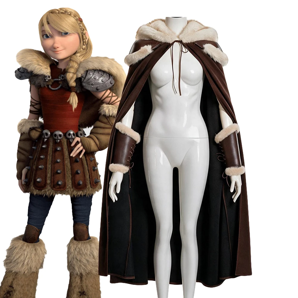Astrid Hofferson Cosplay Hooded Cloak Plush Faux Leather Fur-edged Arm Bracers Shoulder Pauldrons Costume Halloween Woman