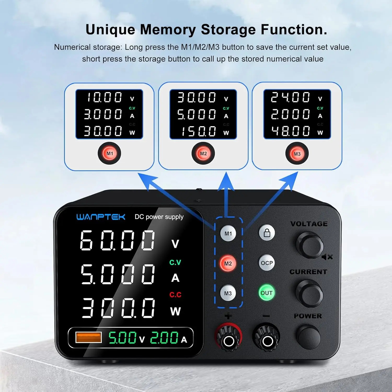 Alimentatore CC regolabile da 60 V 5 A con memoria, OCP, ricarica USB e display a 4 cifre