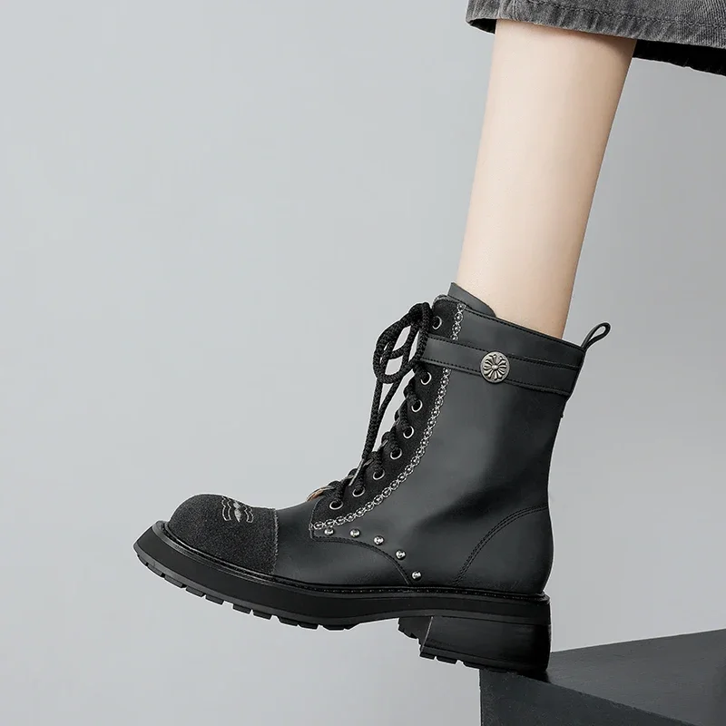 2026 new autumn winter natural leather women ankle boots 22-25cm split leather+cow suede embroidery thick heel short boots