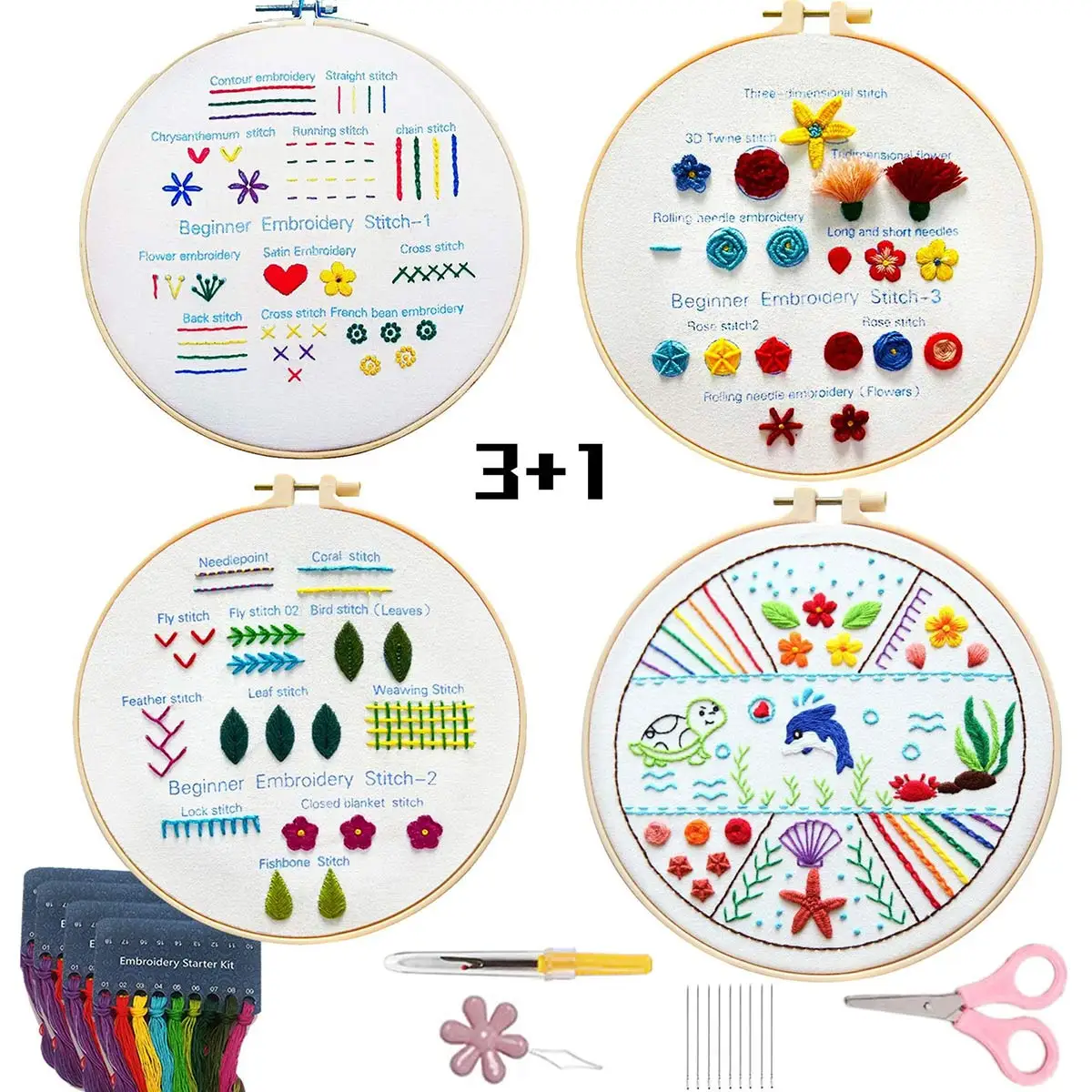 4 Styles Unfinished Embroidery Kit Sewing Stitches Practice Thread Tool Set Material Package for Handicraft Enthusiasts Beginner