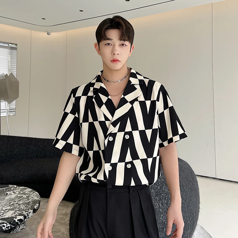 

SYUHGFA Male Geometric Printing Short Sleeve Shirts Lapel Contrast Color Men's Loose Shirt New 2024 Spring Summer