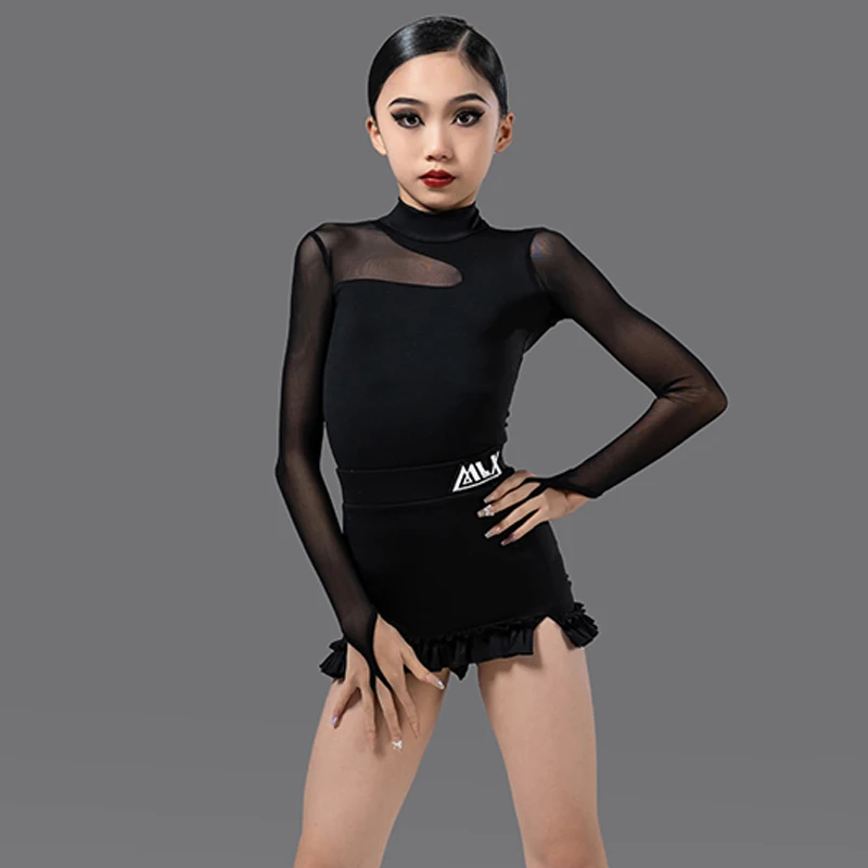 2024 New Latin Dance Girls Sparkling High-Necked Long Sleeves Suit Samba Dance Performance Costume Line Dance Clothing VBH512