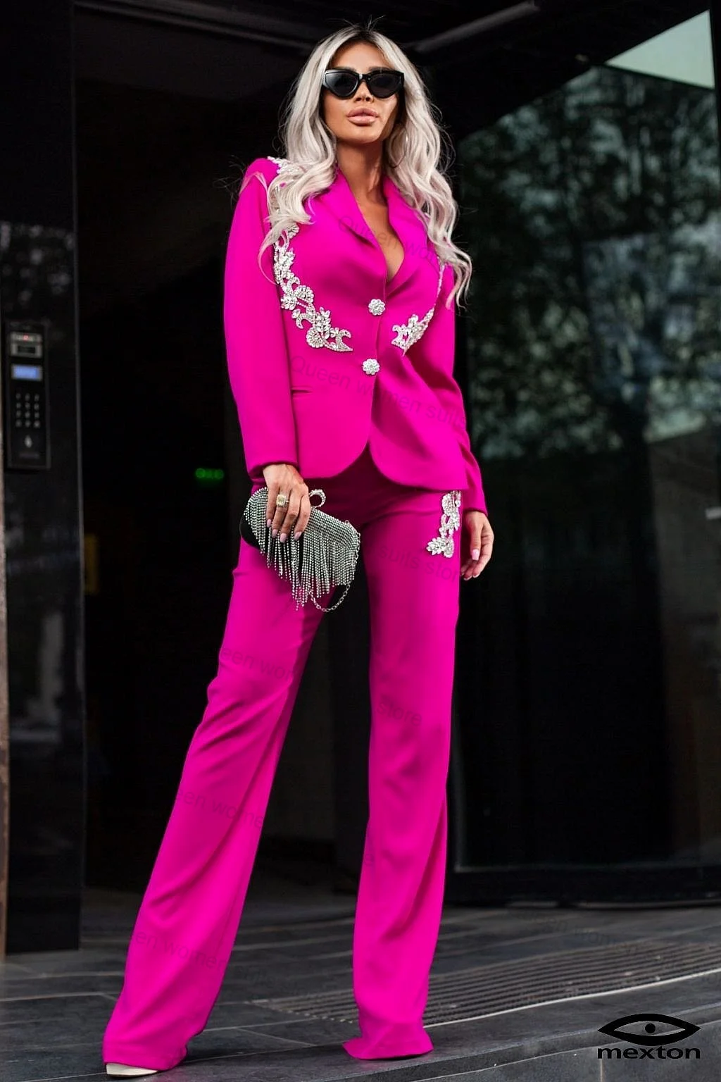 Pink Crystals Women Suits Pants 2 Piece Blazer+Trouser Wedding Prom Dress Tuxedo Formal Office Lady Tailored Size Jacket Coat