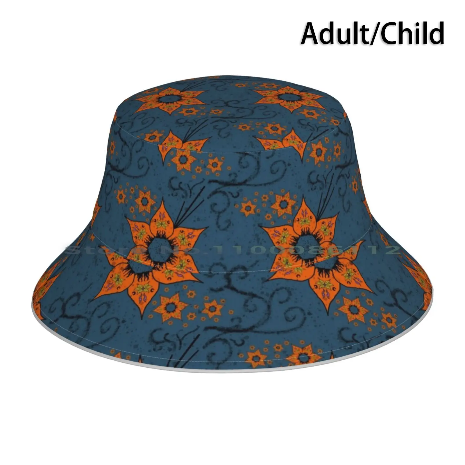 Fire Flower Bucket Hat Sun Cap Pattern Volcarona Orange Blue Navy Smoke Incense Burning Fire Flame Bug Flower Floral Moth Sun