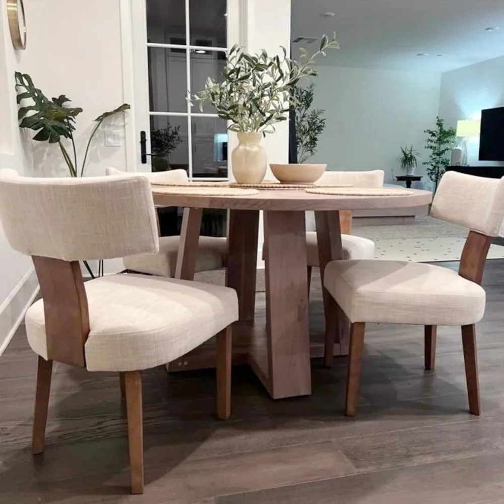 Zestaw 4 krzeseł do jadalni w stylu mid-century modern, krzesła do jadalni z wygiętymi oparciami, tapicerowane lnem w stylu farmhouse, z ramą z drewna.