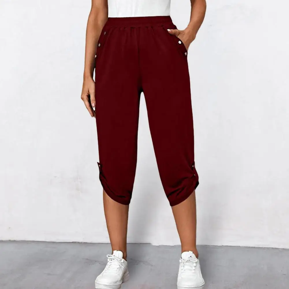 Mid-rise Elastic Waistband Pockets Loose Fit Cropped Pants Women Summer Casual Mid-calf Length Pants