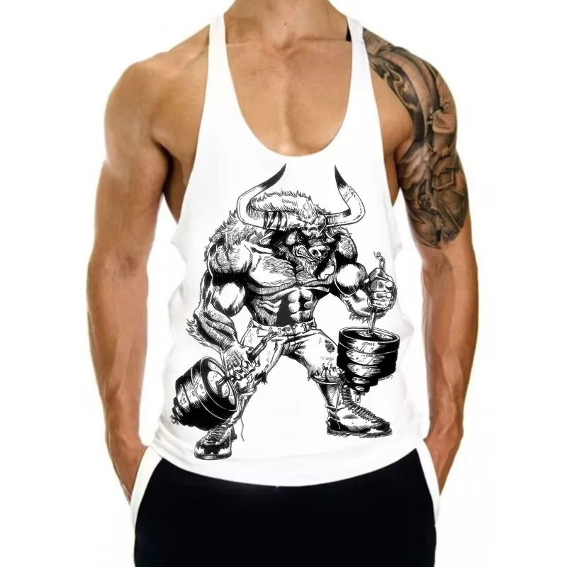 Men's Minotaur Weightlifting Graphic Stringer Tank Top, Bodybuilding Gym Vest, Summer Casual Sleeveless Shirt