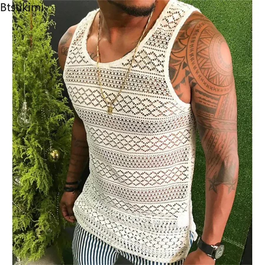 

2025 Summer Tank Top for Men Lace Hollow Out Sleeveless Shirts Mens Clothing Slim Fit Gym Clothes Workout Solid Vest Tops Male