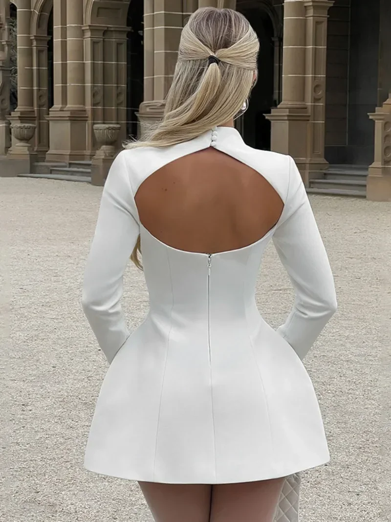 Fashion Long Sleeve Backless High Waist Short Dress Women Autumn Tunics Backless Buttons Zip-up White Party Dresses High Street