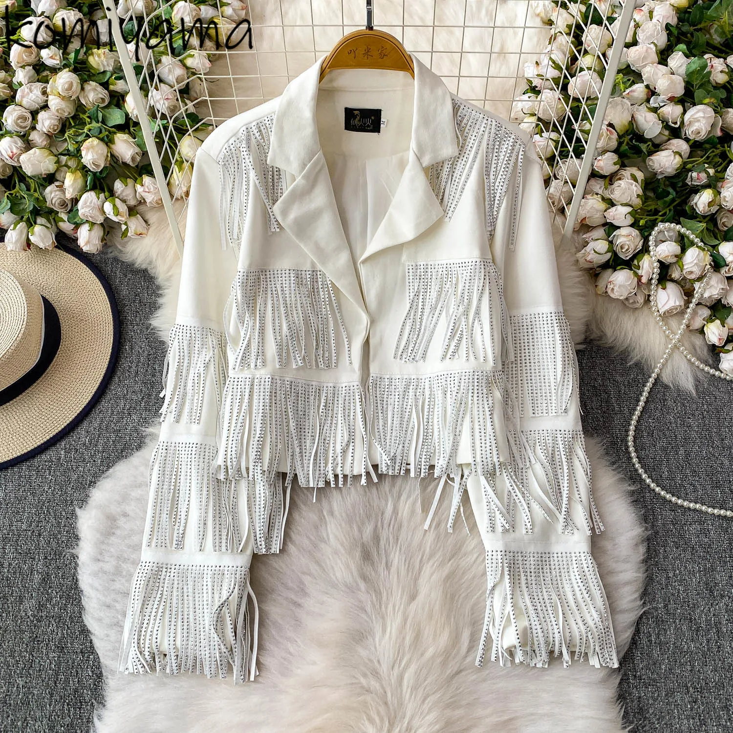 

Diamonds Tassel 2025 Casaco Костюм с воротником Chaquetas De Mujer Куртка с длинными рукавами Свободные модные женские куртки Jaqueta Feminina